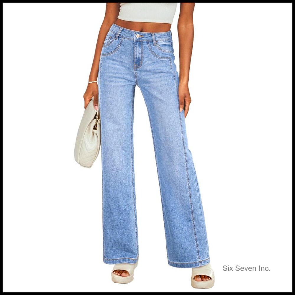Wide Leg Jeans High Waisted Stretchy Straight Leg Patchwork Loose Fit Denim